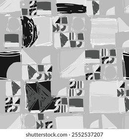 Abstract geometric pattern with squares and sharp angles in grayscale tones, showing artistic design composition. Monochrome hand drawn background