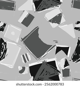 Abstract geometric pattern with squares and sharp angles in grayscale tones, showing artistic design composition. Monochrome hand drawn background