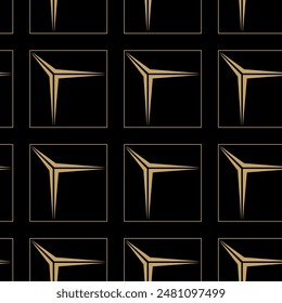 Abstract geometric pattern with squares, stripes, lines. Seamless vector background. Black and gold ornament. Modern reticulated graphic design.