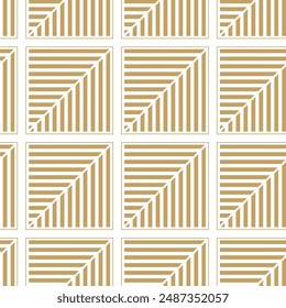 Abstract geometric pattern with squares, stripes, lines. Seamless vector background. White and gold ornament. Modern reticulated graphic design.