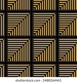 Abstract geometric pattern with squares, stripes, lines. Seamless vector background. Black and gold ornament. Modern reticulated graphic design.