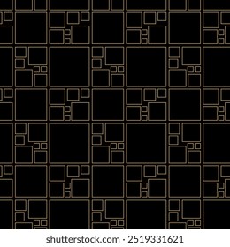 Padrão geométrico abstrato com quadrados, listras, linhas. Plano de fundo de vetor contínuo. Ornamento preto e dourado. Design gráfico moderno.