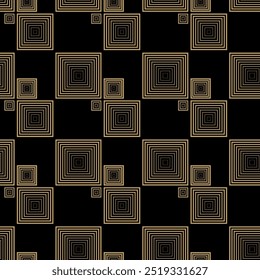 Abstract geometric pattern with squares, stripes, lines. Seamless vector background. Black and gold ornament. Modern graphic design.