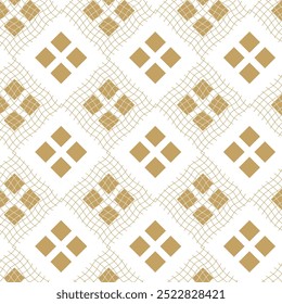 Padrão geométrico abstrato com quadrados, listras, linhas. Plano de fundo de vetor contínuo. Ornamento branco e dourado. Design gráfico moderno.