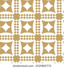 Abstraktes geometrisches Muster mit Quadraten, Streifen, Linien. Nahtloser Vektorhintergrund. Weiße und goldene Ornamente. Modernes Grafikdesign.
