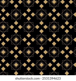 Padrão geométrico abstrato com quadrados, listras, linhas. Plano de fundo de vetor contínuo. Ornamento preto e dourado. Design gráfico moderno.