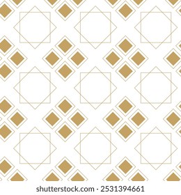 Abstract geometric pattern with squares, stripes, lines. Seamless vector background. White and gold ornament. Modern graphic design.