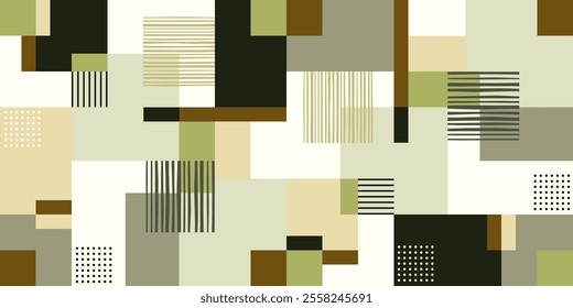 Abstract geometric pattern squares stripes dots zebra green beige brown black. Vector design illustration for fabric, wallpaper, linens, wrapping.