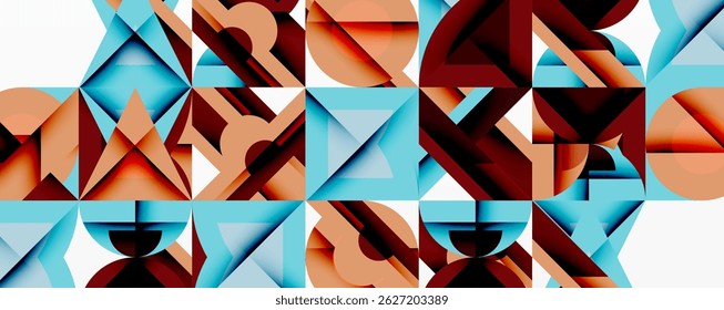 Abstract geometric pattern. Squares, triangles, rectangles create complex visual texture. Warm, cool colors blend seamlessly. Modern design.