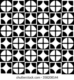 Abstract geometric pattern with staggered lines of segmented circles, squares. Monochrome repeatable background. Vector.