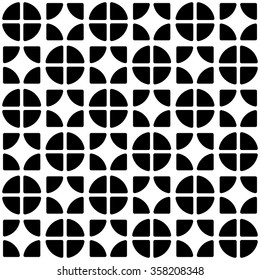 Abstract geometric pattern with staggered lines of segmented circles, squares. Monochrome repeatable background. Vector.