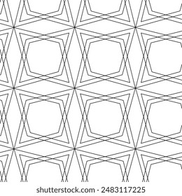 Abstract geometric pattern with stars, stripes, lines. Seamless vector background. White and black floral ornament. Modern reticulated graphic design.