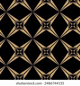 Abstraktes geometrisches Muster mit Sternen, Streifen, Linien. Nahtloser Vektorgrafik-Hintergrund. Schwarz-goldenes Blumenornament. Modernes retikuliertes Grafikdesign.