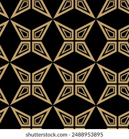 Abstractas patrón geométrico con estrellas, rayas, líneas. Fondo de Vector inconsútil. Adorno floral negro y dorado. Moderno Diseño gráfico reticulado.