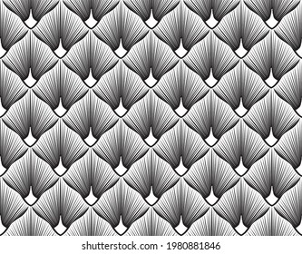 Abstract geometric pattern with stripe lines. Artistic fan shape floral ornamenal tile background. Black and white texture.