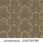 Abstract geometric pattern with stripes, lines. Seamless vector background. Gold and black ornament. Simple lattice graphic design