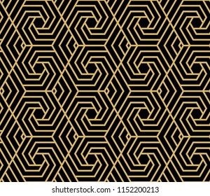 Abstract geometric pattern with stripes, lines. Seamless vector background. Gold and black ornament. Simple lattice graphic design