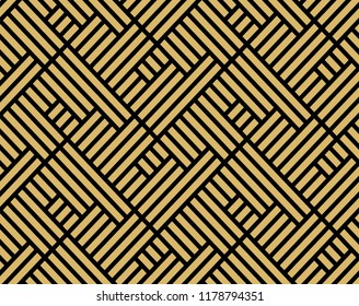 Abstract geometric pattern with stripes, lines. Seamless vector background. Black and gold ornament. Simple lattice graphic design