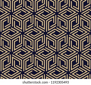 Abstract geometric pattern with stripes, lines. Seamless vector background. Dark blue and gold ornament. Simple lattice graphic design