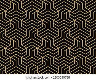 Abstract geometric pattern with stripes, lines. Seamless vector background. Gold and black ornament. Simple lattice graphic design