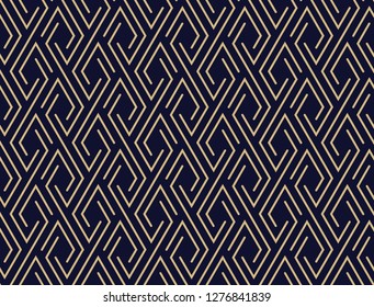 Abstract geometric pattern with stripes, lines. Seamless vector background. Blue and gold ornament. Simple lattice graphic design