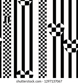 Abstract geometric pattern with stripes, lines and hearts. A seamless vector background. Black and white texture