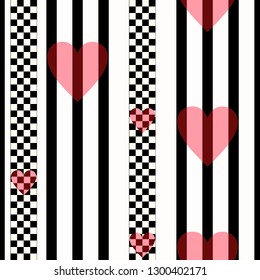 Abstract geometric pattern with stripes, lines and red hearts. A seamless vector background. Black and white texture