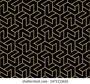 Abstract geometric pattern with stripes, lines. Seamless vector background. Gold and black ornament. Simple lattice graphic design