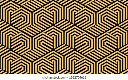 Abstract geometric pattern with stripes, lines. Seamless vector background. Gold and black ornament. Simple lattice graphic design