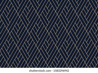 Abstract geometric pattern with stripes, lines. Seamless vector background. Gold and dark blue ornament. Simple lattice graphic design