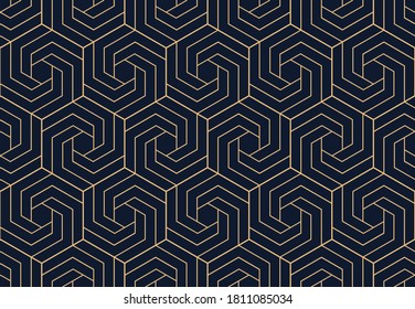 Abstract geometric pattern with stripes, lines. Seamless vector background. Dark blue and gold ornament. Simple lattice graphic design