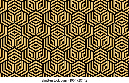 Abstract geometric pattern with stripes, lines. Seamless vector background. Gold and black ornament. Simple lattice graphic design