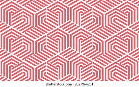Abstraktes geometrisches Muster mit Streifen, Linien. Nahtloser Vektorhintergrund. Weiße und rosafarbene Ornamente. Einfache Gittergrafik-Gestaltung