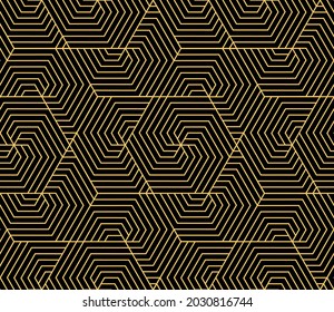 Motif géométrique abstrait avec bandes, lignes. Arrière-plan vectoriel harmonieux. L'ornement doré et noir. Conception graphique en quadrillage simple