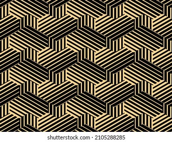 Abstract geometric pattern with stripes, lines. Seamless vector background. Gold and black ornament. Simple lattice graphic design