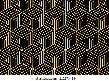 Abstract geometric pattern with stripes, lines. Seamless vector background. Gold and black ornament. Simple lattice graphic design