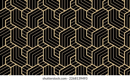Abstract geometric pattern with stripes, lines. Seamless vector background. Gold and black ornament. Simple lattice graphic design