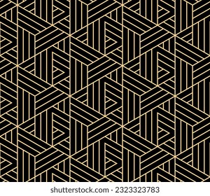 Abstract geometric pattern with stripes, lines. Seamless vector background. Gold and black ornament. Simple lattice graphic design