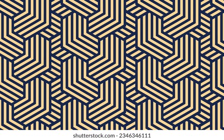 Abstract geometric pattern with stripes, lines. Seamless vector background. Gold and dark blue ornament. Simple lattice graphic design