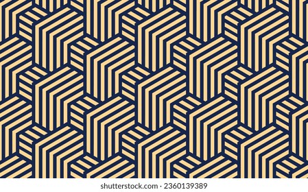 Abstract geometric pattern with stripes, lines. Seamless vector background. Gold and dark blue ornament. Simple lattice graphic design