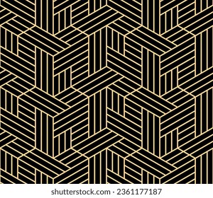 Abstract geometric pattern with stripes, lines. Seamless vector background. Gold and black ornament. Simple lattice graphic design