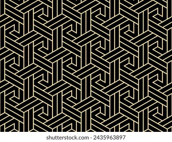 Patrón geométrico abstracto con rayas, líneas. Fondo de vector sin costura. Adorno dorado y negro. Diseño gráfico de celosía simple
