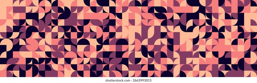 Abstract geometric pattern.  Stylish midcentury modern design with repeating shapes in warm peach and purple hues. Ideal for website backgrounds, textiles, or modern branding.