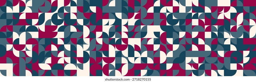 Abstraktes geometrisches Muster.  Stilvolles modernes Design aus der Mitte des Jahrhunderts mit überlappenden Kreisen und Quadraten in Bordeaux, Teal und Weiß. Ideal für Hintergründe, Textilien oder Website-Design.