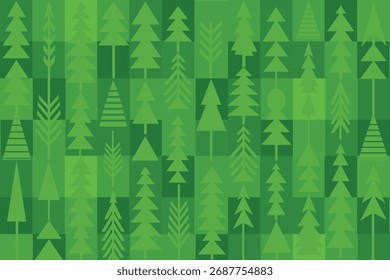 Abstractas patrón geométrico de pinos verdes estilizados en varias Formas y tamaños, creando un fondo festivo y natural