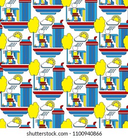 Abstract geometric pattern with stylized people and houses on a white background
