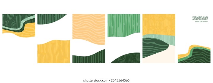 Padrão geométrico abstrato da agricultura sustentável. Ilustração de campo verde, arroz, trigo, chá, vinhedo, milho, floresta em design ecológico. Moderno, layout plano, mapa aéreo, paisagem orgânica