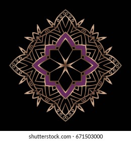 Abstract geometric pattern symmetrical decor on the black background of the elements of geometric shapes in a frame