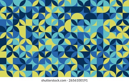 Patrón geométrico Abstractas en verde azulado, azul y amarillo.  Diseño de estilo moderno de mediados de siglo perfecto para fondos de Sitio web, textiles o marca.