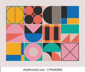 Abstract geometric pattern texture inspired by Bauhaus design style. Modern linear geometry composition artwork with simple vector shapes and basic forms, great for poster design and web presentation.